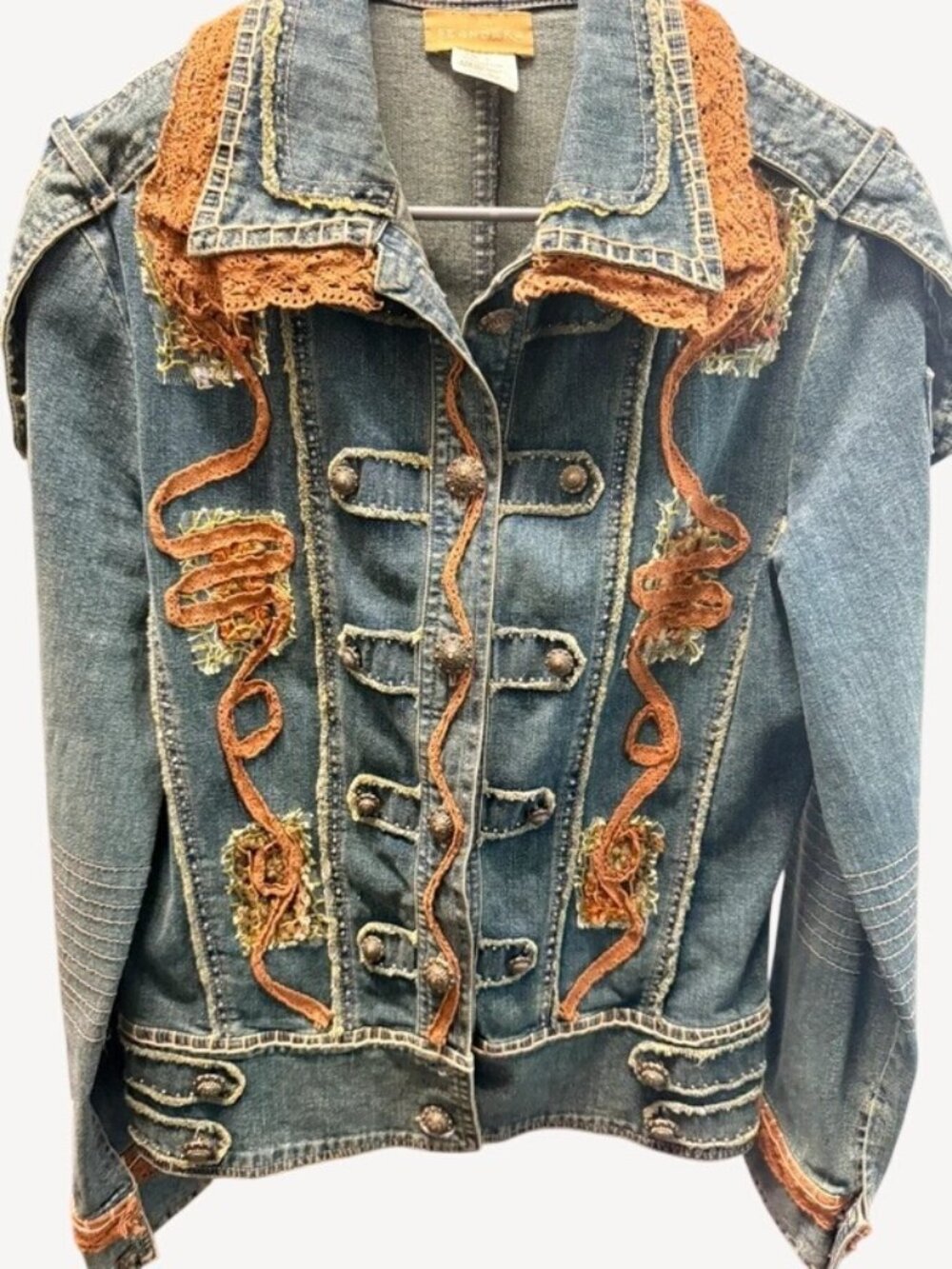 Seandara Denim Jacket L Boho Western Lace Rhinestone Embellished Y2K Jean Coat